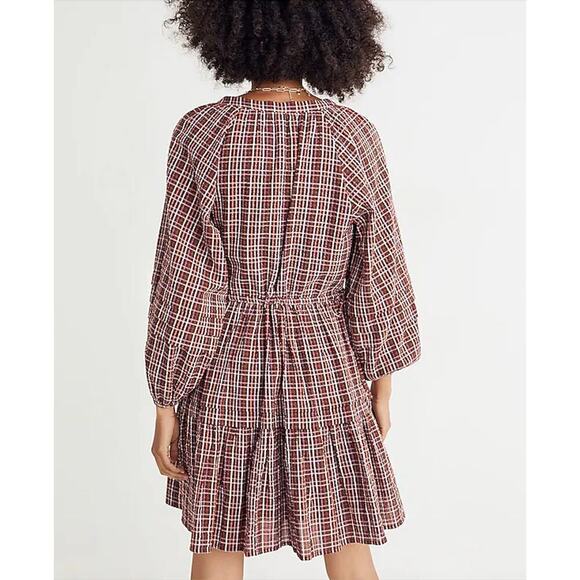 Madewell Seersucker Wrap Mini Dress in Dark Merlot Plaid Print Burgundy Red, XS‎ - Picture 15 of 16